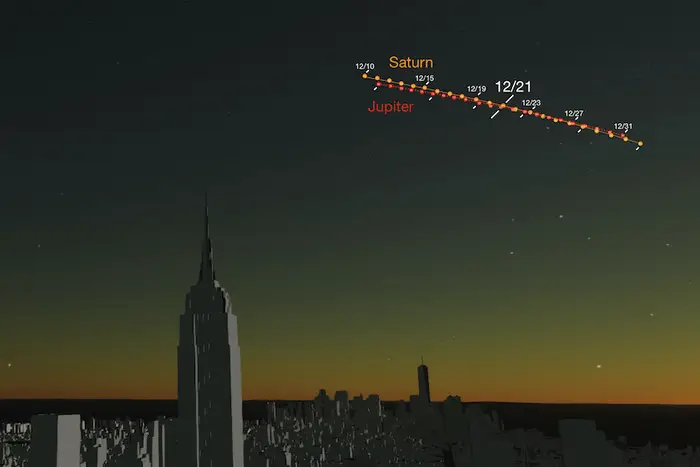 A rendering of the Great Conjunction over the Empire State Building.
